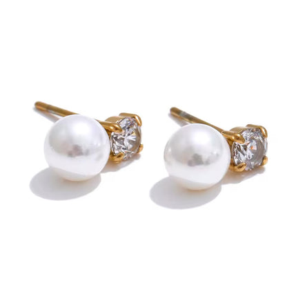 Boucles d’oreilles puces avec perle et zircons en acier inoxydable