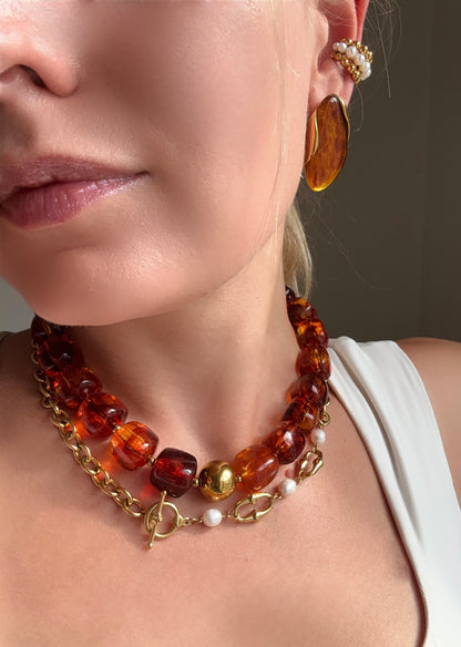 Collier Ambre en résine et acier inoxydable